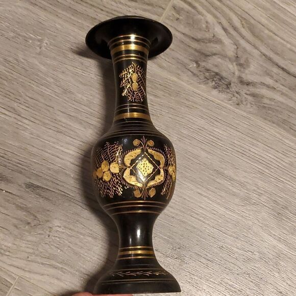 Vintage 60's Black Metal w/Brass Details Vase - Picture 1 of 7